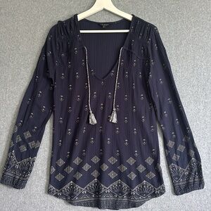 Lucky Brand Vneck Long Cuffed Sleeve Peasant Pull Cord/Tassel (M) Blue & White
